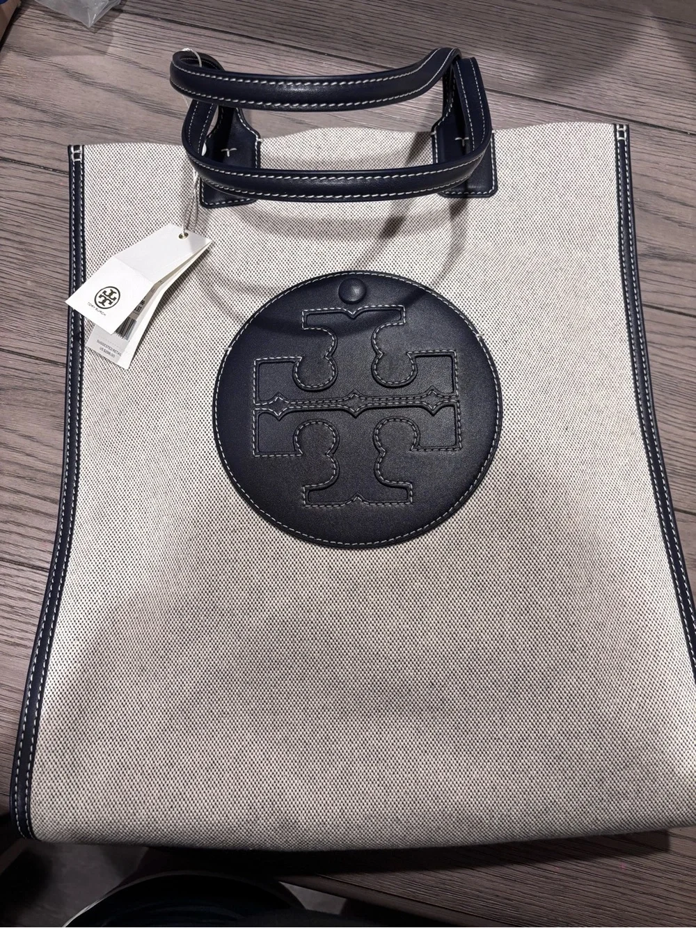 Tory Burch Cream Canvas Tote with Navy Leather Logo
